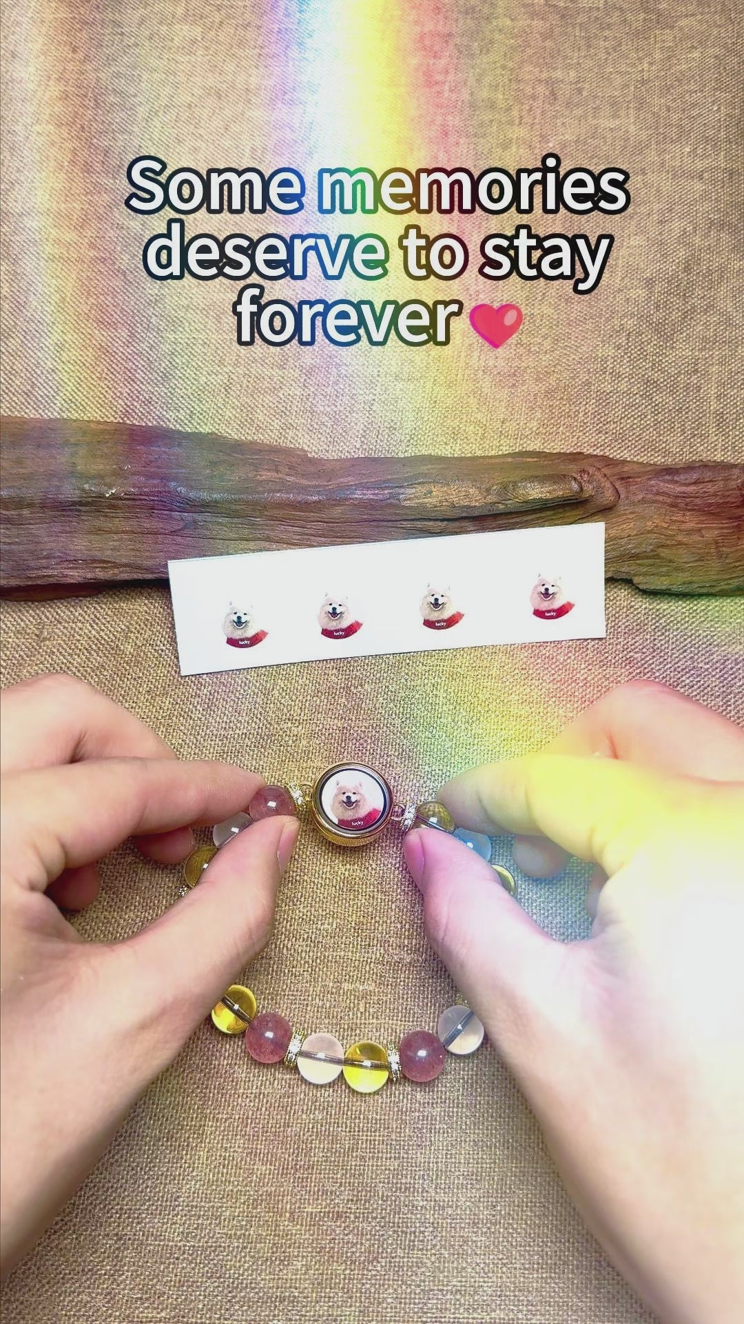 Load video: <p>A closer look at how your personalized bracelet keeps your pet’s photo and a small fur keepsake close.</p>